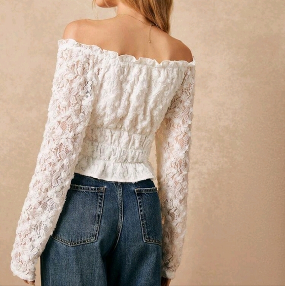 Frenchy White Lace Top, Line Shoulder Top, Three-Dimensional Embroidered Top - Picture 3 of 5